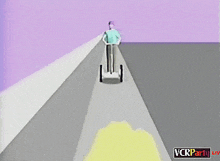 a cartoon drawing of a man riding a segway with the words vcrparty.lv in the corner