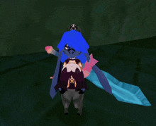 a cartoon character with blue hair and a skull on top of her head