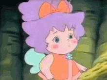 a little girl with a purple hair and a bow on her head