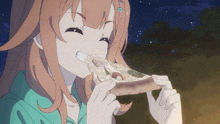 a girl eating a slice of pizza with a starry sky in the background