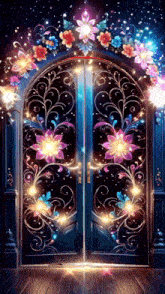 a door is decorated with flowers and lights