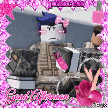 a good afternoon greeting card with a cartoon character and a pink cell phone