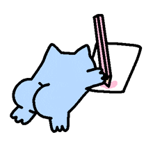 a blue cat is writing on a piece of paper with a pencil .