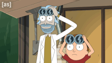 a cartoon of rick and morty looking through binoculars with the words [ as ] in the corner