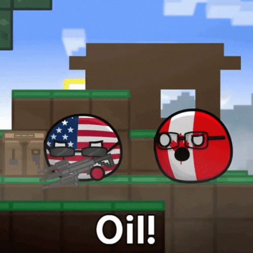 a cartoon illustration of a united states and a canadian ball with guns and the words oil below them