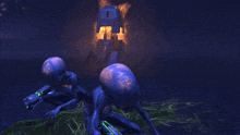 a computer generated image of two aliens looking at a building