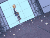 a girl sits on a stool in front of a wall with balls on the floor