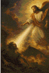 a painting of jesus appearing to a demon with a light coming out of his hand