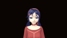 a girl with blue hair is wearing a red sweater and has her hands in the air