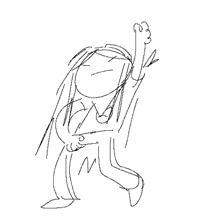 a black and white drawing of a girl with long hair dancing
