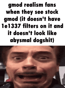 gmod realism fans when they see stock gmod ( it does n't have 1e1337 filters on it and