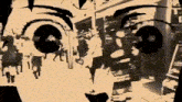 a black and white drawing of a person 's face with a crowd of people in the background