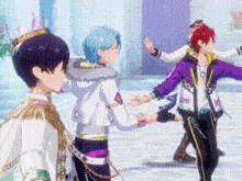 a group of anime characters are standing next to each other on ice .