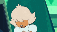 a cartoon character with white hair and brown skin is sitting in a green room