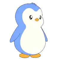 a blue and white penguin with orange feet covering its face