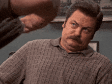 a man with a mustache wearing a plaid shirt looks at something
