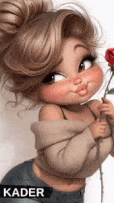 a cartoon girl is holding a rose and the name kader is on the bottom right