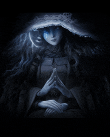 a woman with blue eyes and a white hat is holding a small object in her hands