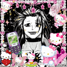 a black and white drawing of a girl with hello kitty and a cell phone .