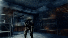 a group of zombies are walking through a dark room .