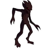 a cartoon character with red eyes and long claws is standing in the dark .