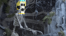 a skeleton is sitting in front of a waterfall with a nbc logo on the bottom