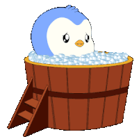 a blue and white penguin is sitting in a wooden tub filled with ice