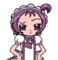 a cartoon girl with purple hair is standing with her hands on her hips and wearing a purple hat .