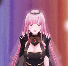 a girl with pink hair is wearing a black dress and a crown