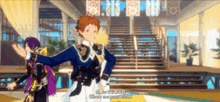 two anime characters are dancing in front of a staircase and a sign that says ' i love you ' on it