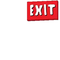 a cartoon character is standing under a red exit sign