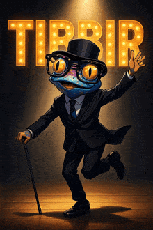 a frog wearing a top hat and glasses is standing in front of the word tibir