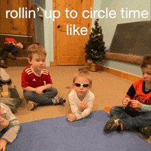 a group of children are sitting on the floor with the words rollin ' up to circle time like