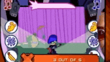 a cartoon character is standing in front of a pink curtain in a video game .