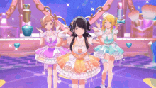 three anime girls are standing next to each other in front of a purple background