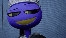 a blue cartoon character with a maid 's hat on