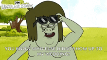 a naked cartoon character from the regular show is wearing sunglasses