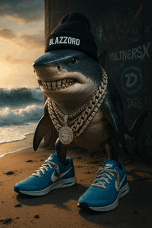 a shark wearing a beanie that says blazzord