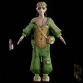 a video game character is wearing a green jumpsuit with a yellow hood