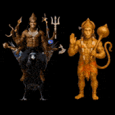 a statue of a man riding a bird next to a statue of a man holding a trident