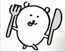 a cartoon drawing of a dog holding a fork and spoon