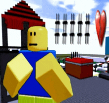 a roblox character with a sad face is standing in front of a broken heart