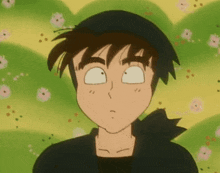 a close up of a cartoon character making a funny face with flowers in the background