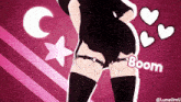 a pink background with hearts and the words boom on it