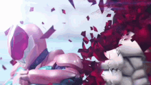 a pink robot is being destroyed by a giant red monster .