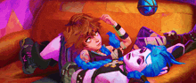 a couple of cartoon characters laying on a couch with a basketball in the background .