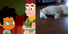 a cartoon character and a picture of a dog and a cat