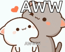 a cartoon cat is kissing another cat with the words `` aww aww '' written on it .