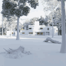 a white model of a house with trees in the background