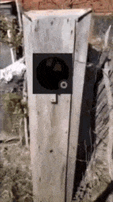a wooden box with a black circle on it is sitting in the grass .